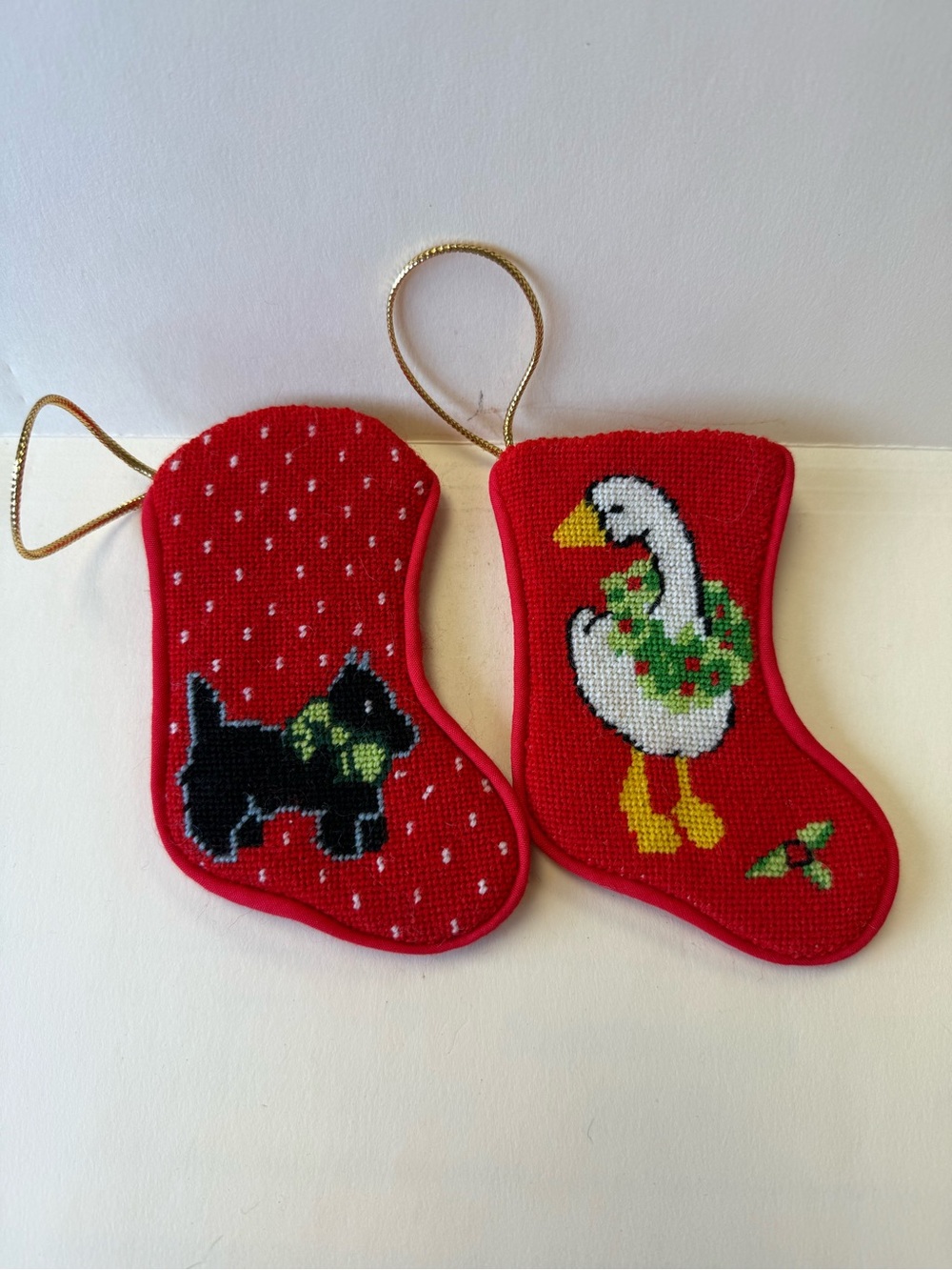 Vintage Handmade Bauble Needlepoint Mini Christmas Stocking Ornaments.